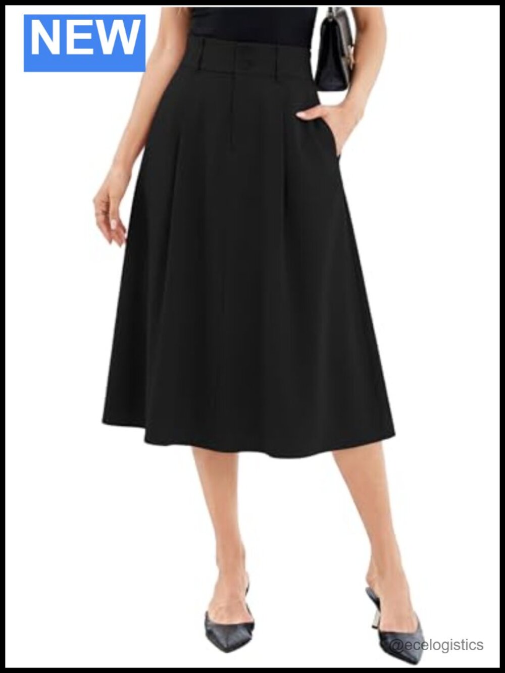 A-Line Midi Skirt High Waist Pleated Work Skirt with Pockets